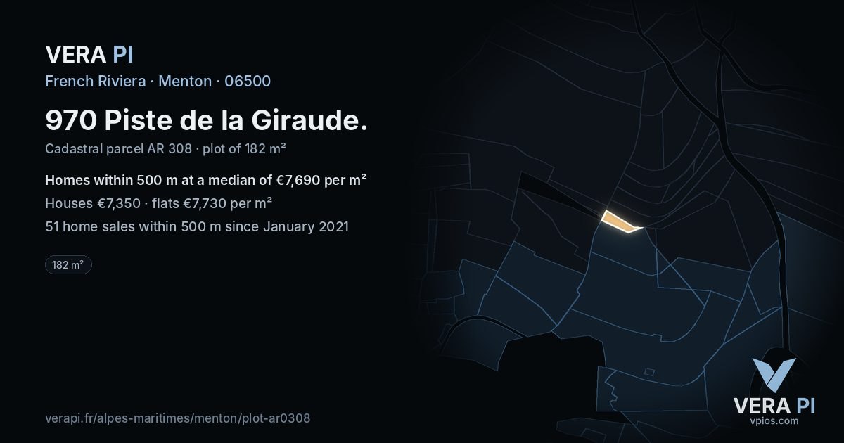 970 Piste de la Giraude, Menton at night – the plot lit, the parcels around coloured by the prices near them