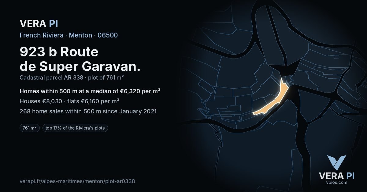 923 b Route de Super Garavan, Menton at night – the plot lit, the parcels around coloured by the prices near them