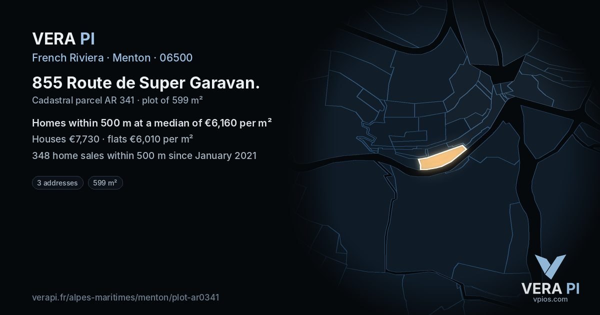 855 Route de Super Garavan, Menton at night – the plot lit, the parcels around coloured by the prices near them