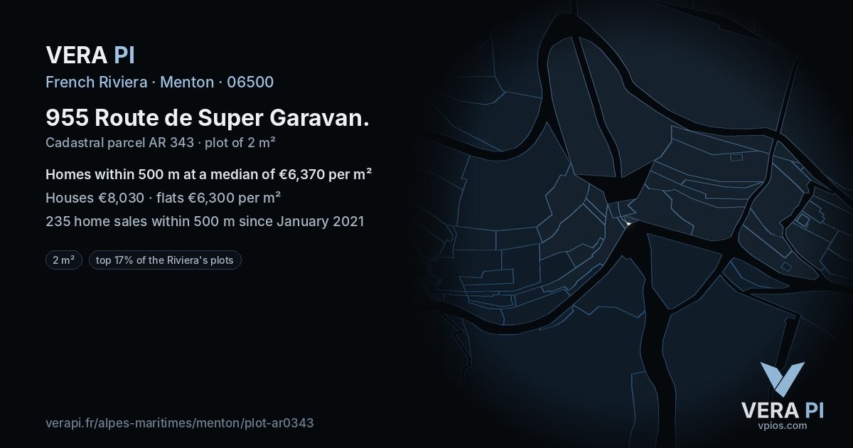 955 Route de Super Garavan, Menton at night – the plot lit, the parcels around coloured by the prices near them
