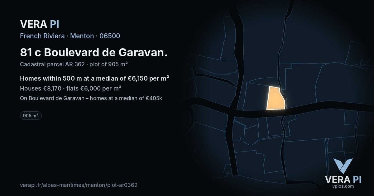 81 c Boulevard de Garavan, Menton at night – the plot lit, the parcels around coloured by the prices near them