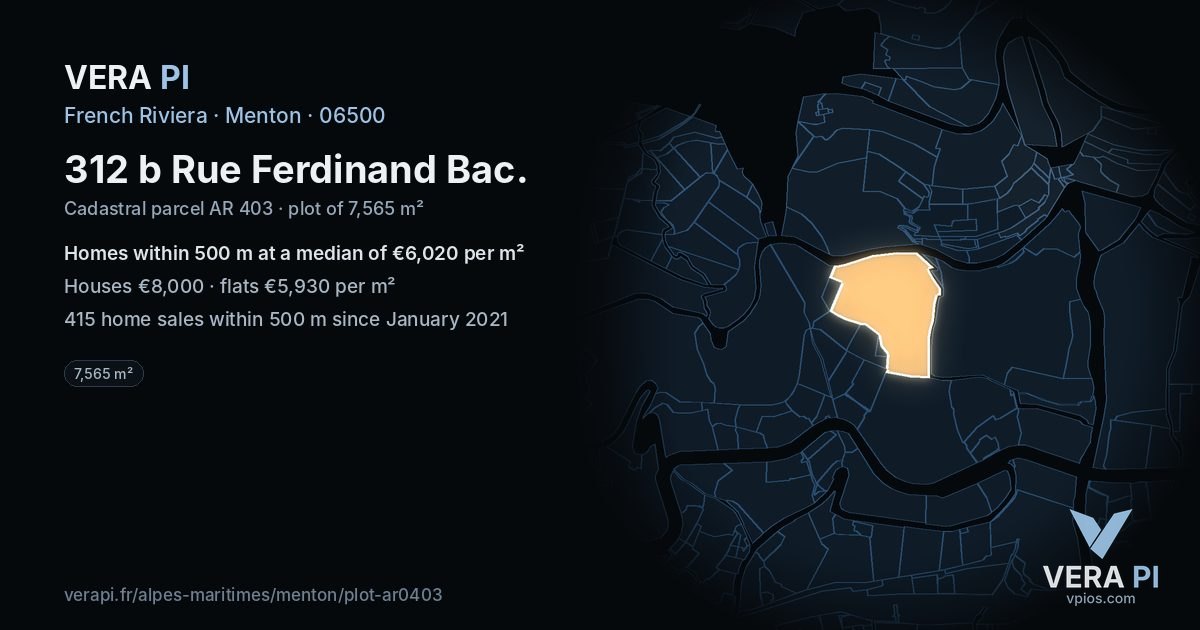 312 b Rue Ferdinand Bac, Menton at night – the plot lit, the parcels around coloured by the prices near them