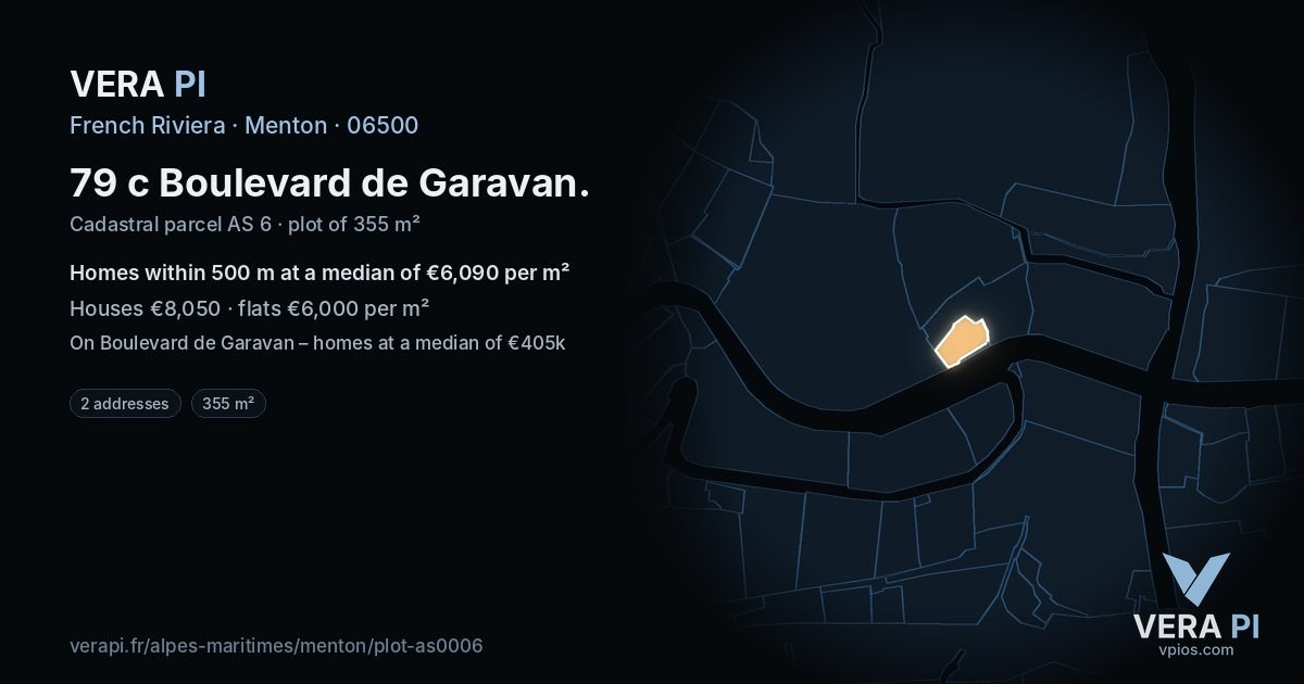 79 c Boulevard de Garavan, Menton at night – the plot lit, the parcels around coloured by the prices near them