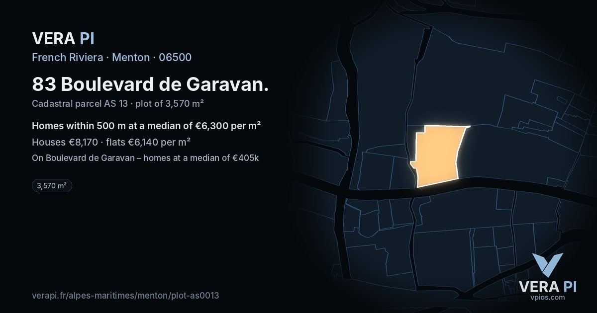 83 Boulevard de Garavan, Menton at night – the plot lit, the parcels around coloured by the prices near them