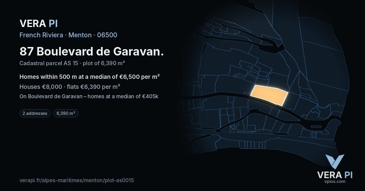 87 Boulevard de Garavan, Menton at night – the plot lit, the parcels around coloured by the prices near them