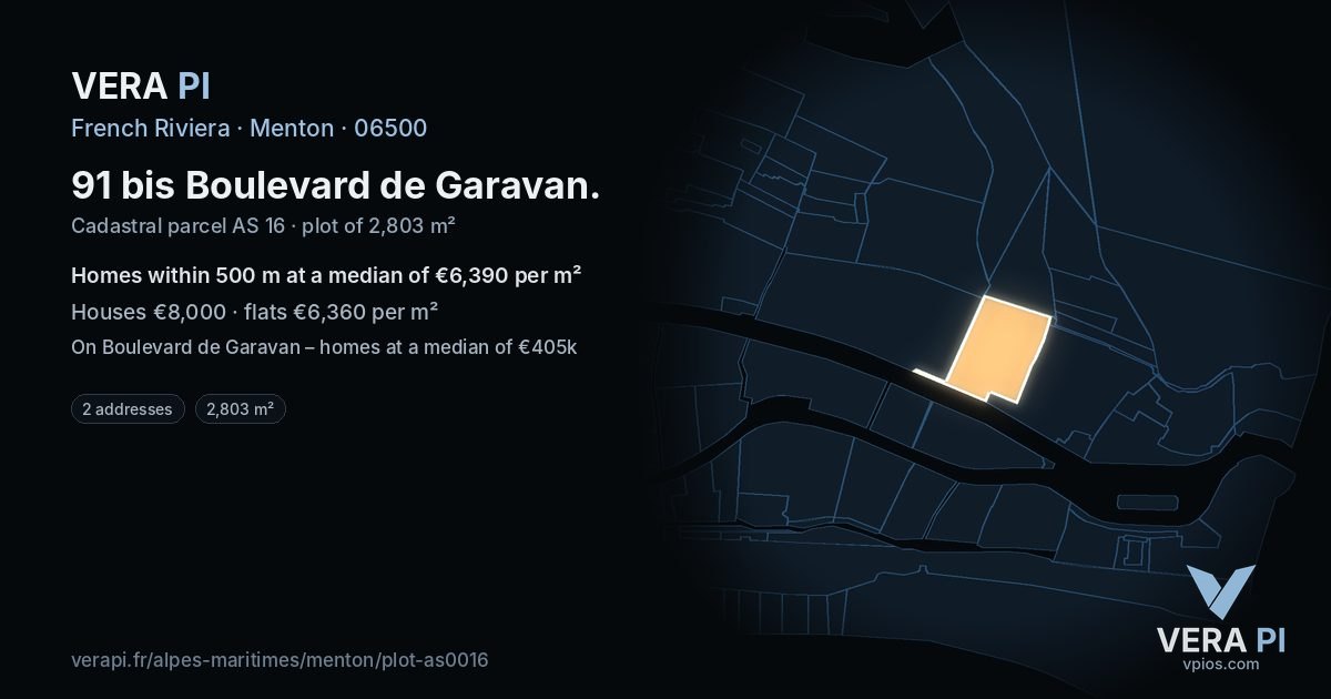 91 bis Boulevard de Garavan, Menton at night – the plot lit, the parcels around coloured by the prices near them