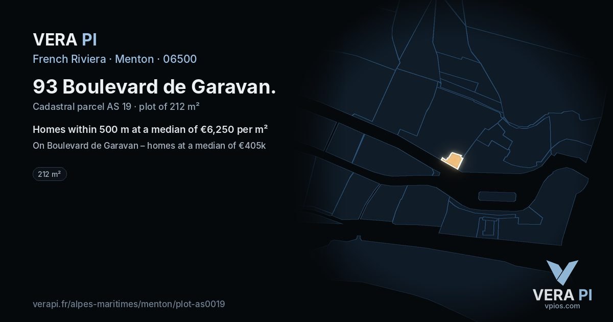 93 Boulevard de Garavan, Menton at night – the plot lit, the parcels around coloured by the prices near them