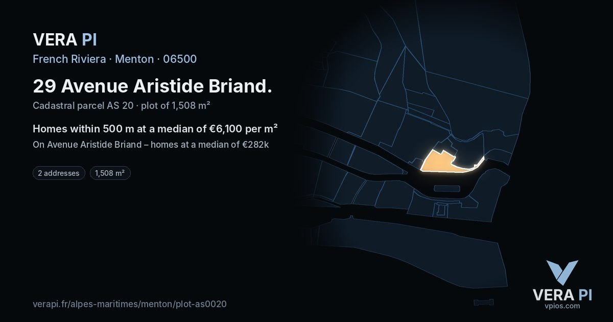 29 Avenue Aristide Briand, Menton at night – the plot lit, the parcels around coloured by the prices near them