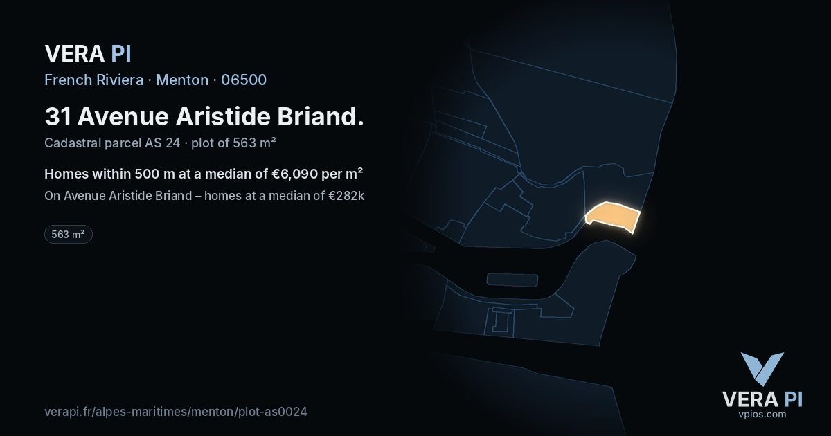 31 Avenue Aristide Briand, Menton at night – the plot lit, the parcels around coloured by the prices near them