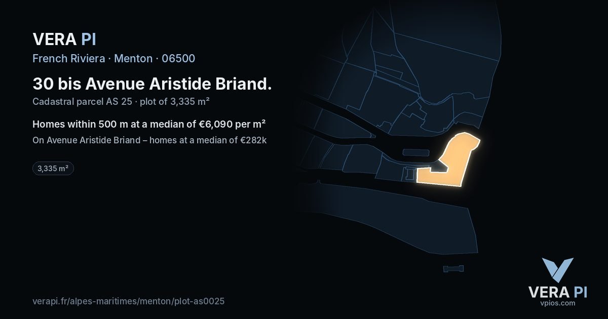 30 bis Avenue Aristide Briand, Menton at night – the plot lit, the parcels around coloured by the prices near them