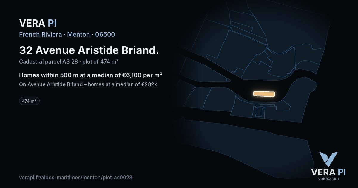 32 Avenue Aristide Briand, Menton at night – the plot lit, the parcels around coloured by the prices near them