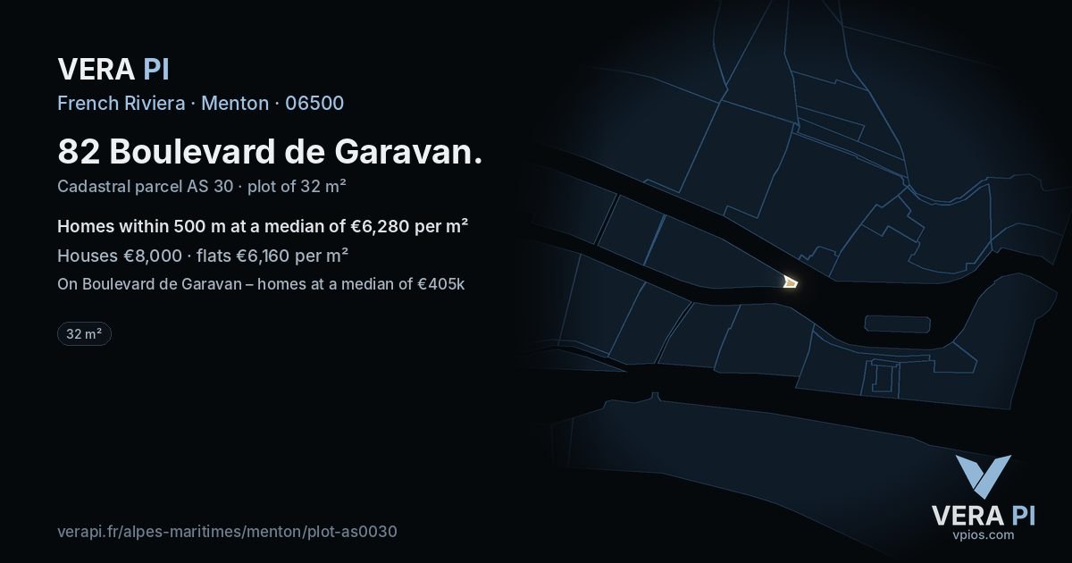 82 Boulevard de Garavan, Menton at night – the plot lit, the parcels around coloured by the prices near them