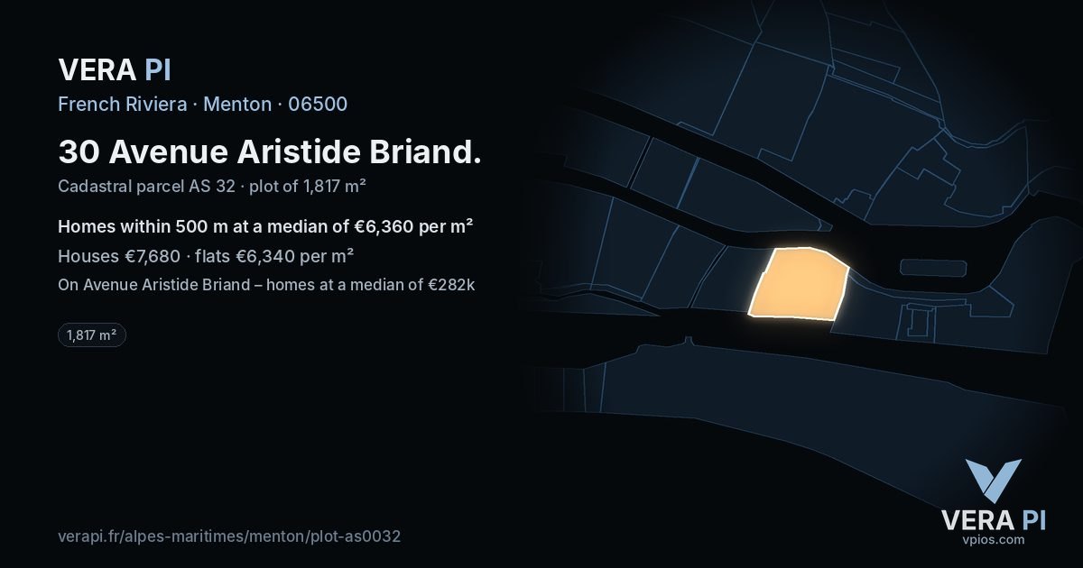 30 Avenue Aristide Briand, Menton at night – the plot lit, the parcels around coloured by the prices near them