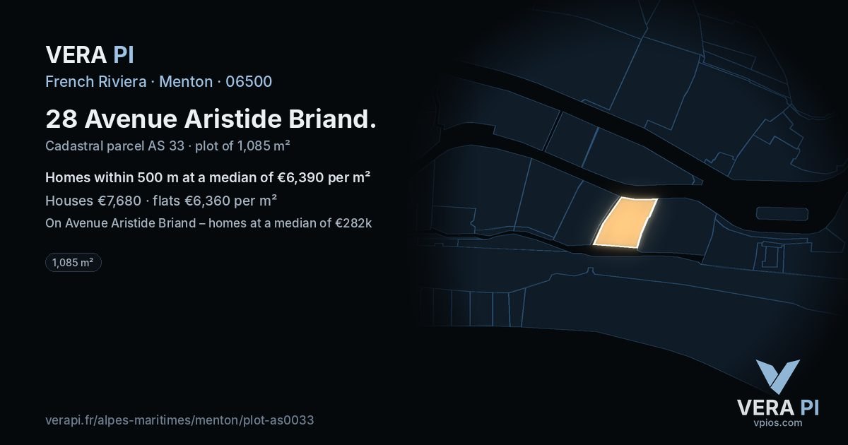 28 Avenue Aristide Briand, Menton at night – the plot lit, the parcels around coloured by the prices near them