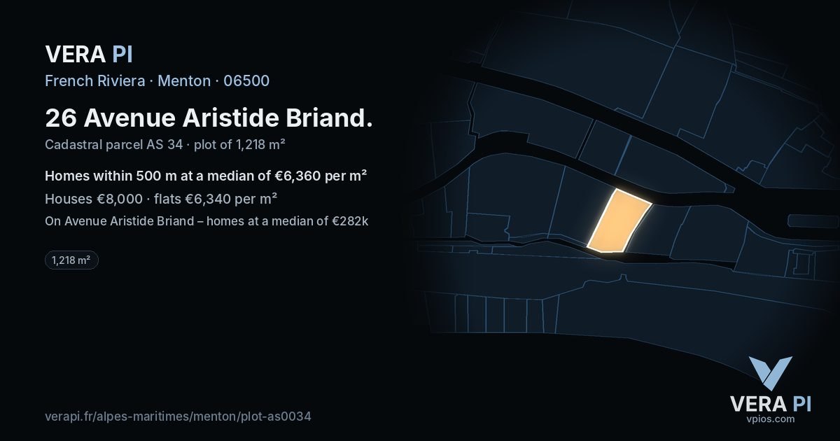 26 Avenue Aristide Briand, Menton at night – the plot lit, the parcels around coloured by the prices near them