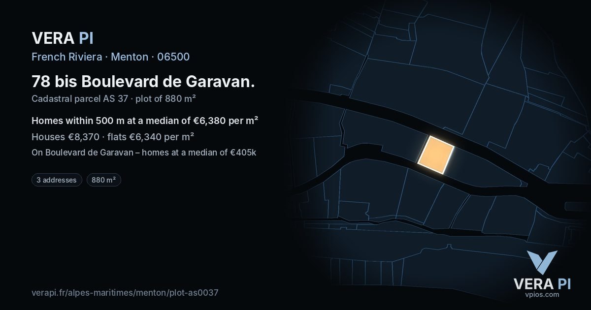 78 bis Boulevard de Garavan, Menton at night – the plot lit, the parcels around coloured by the prices near them