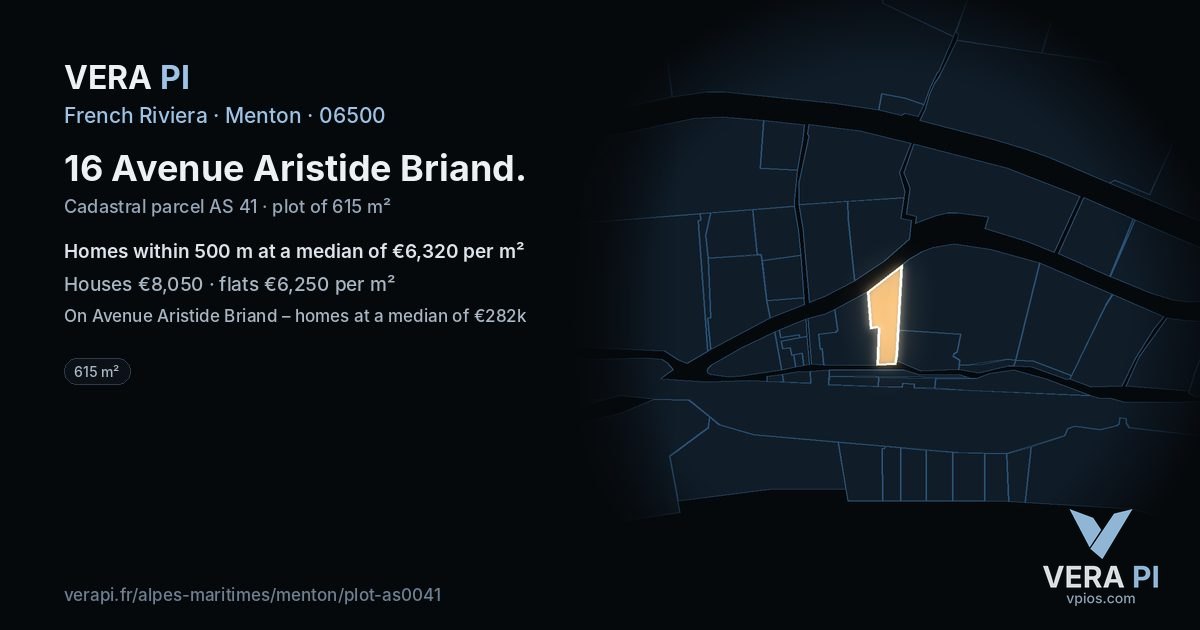 16 Avenue Aristide Briand, Menton at night – the plot lit, the parcels around coloured by the prices near them