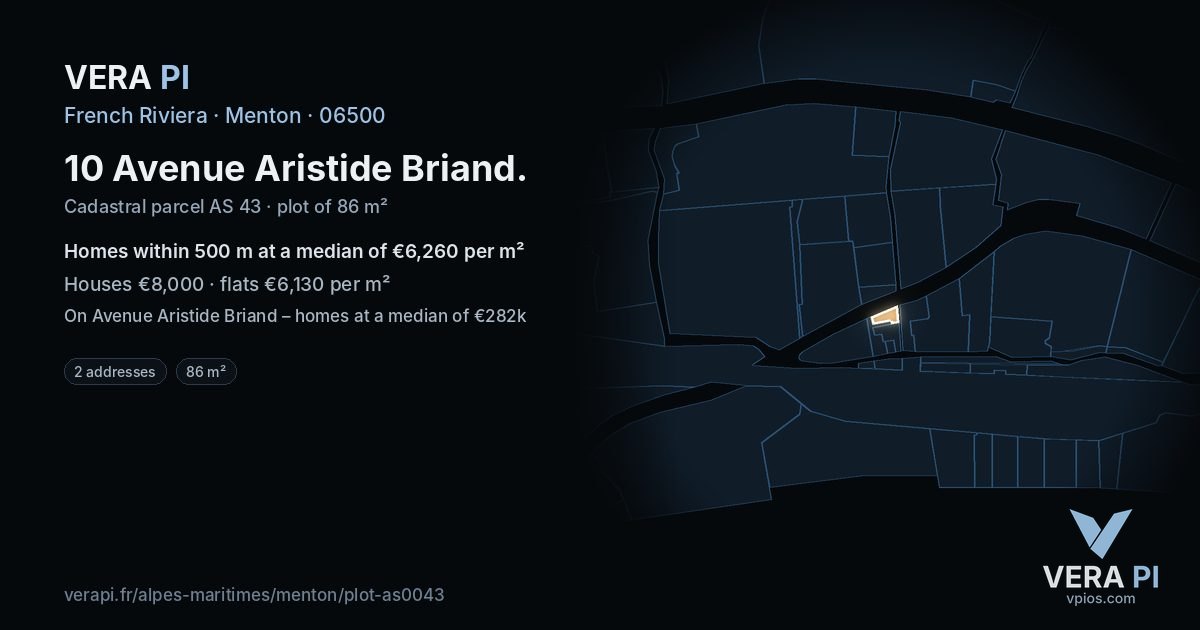 10 Avenue Aristide Briand, Menton at night – the plot lit, the parcels around coloured by the prices near them