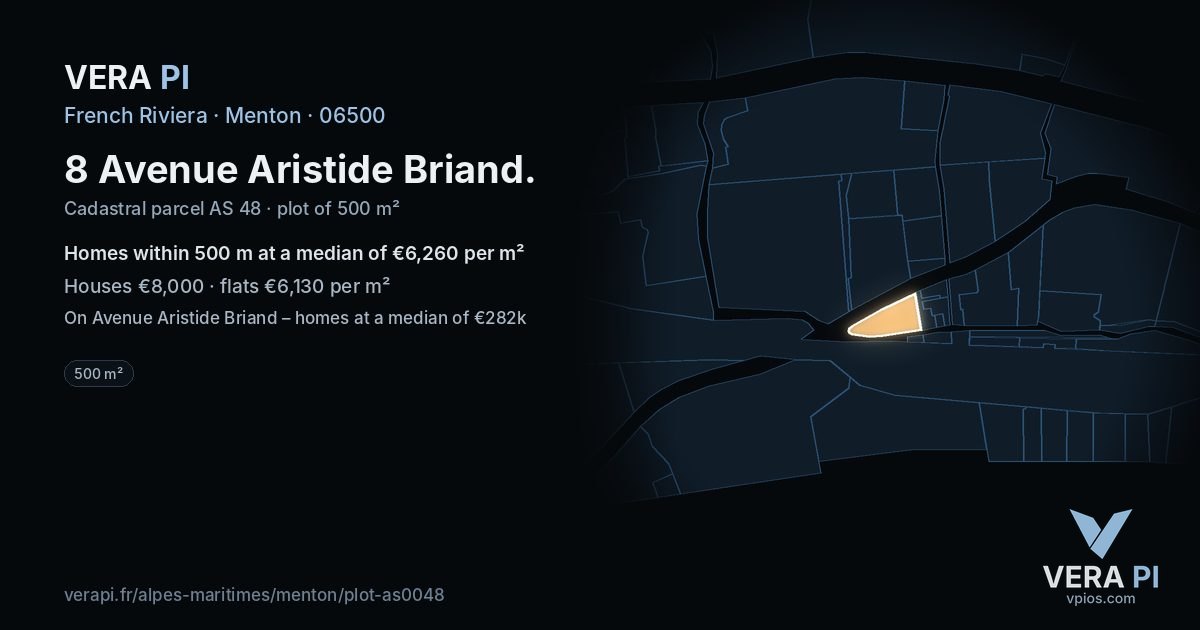 8 Avenue Aristide Briand, Menton at night – the plot lit, the parcels around coloured by the prices near them