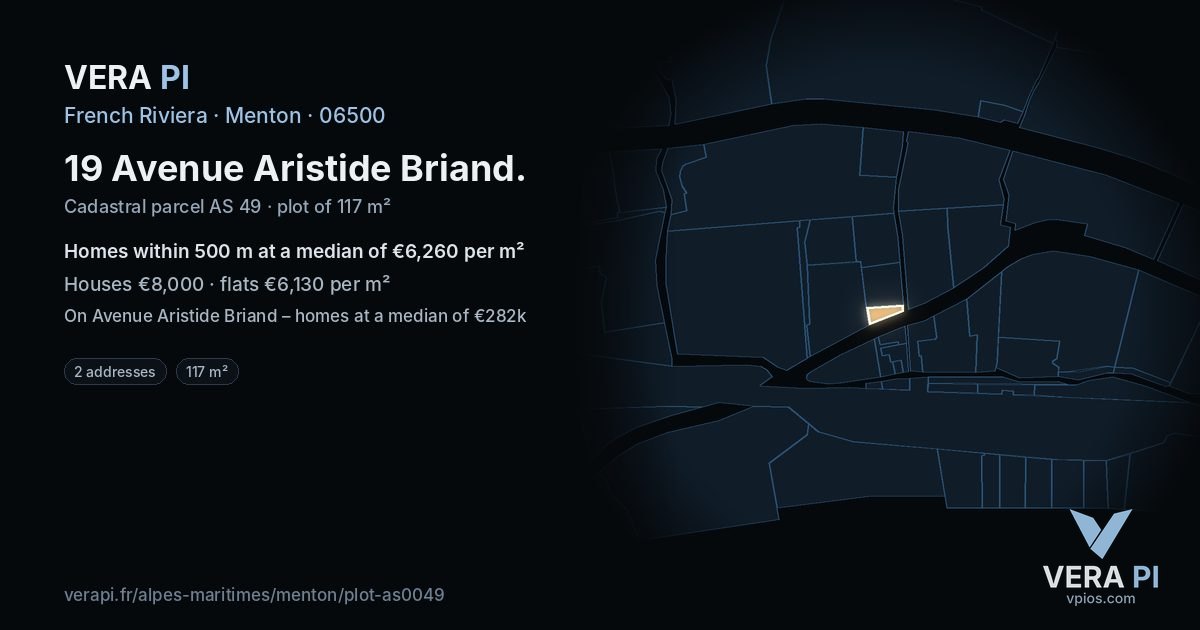 19 Avenue Aristide Briand, Menton at night – the plot lit, the parcels around coloured by the prices near them
