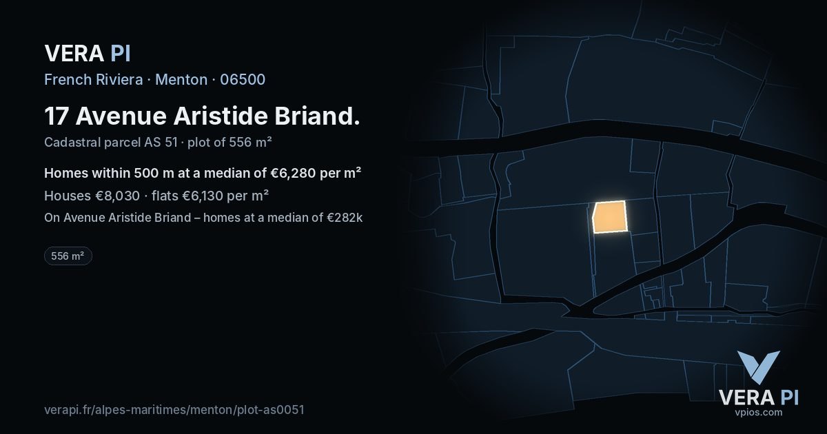 17 Avenue Aristide Briand, Menton at night – the plot lit, the parcels around coloured by the prices near them