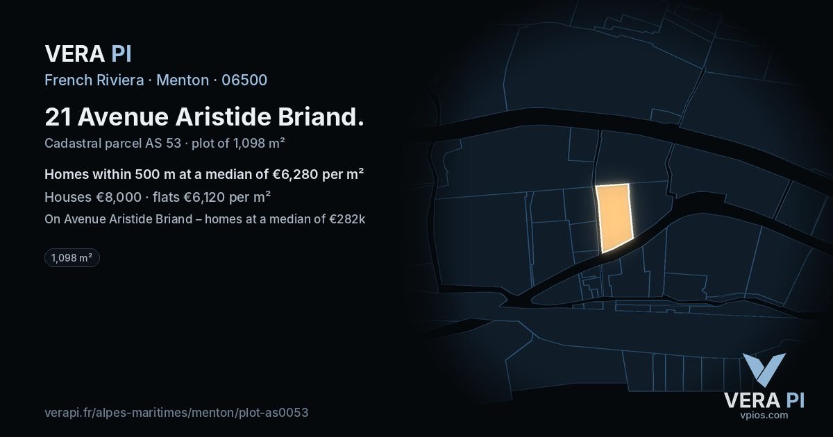 21 Avenue Aristide Briand, Menton at night – the plot lit, the parcels around coloured by the prices near them