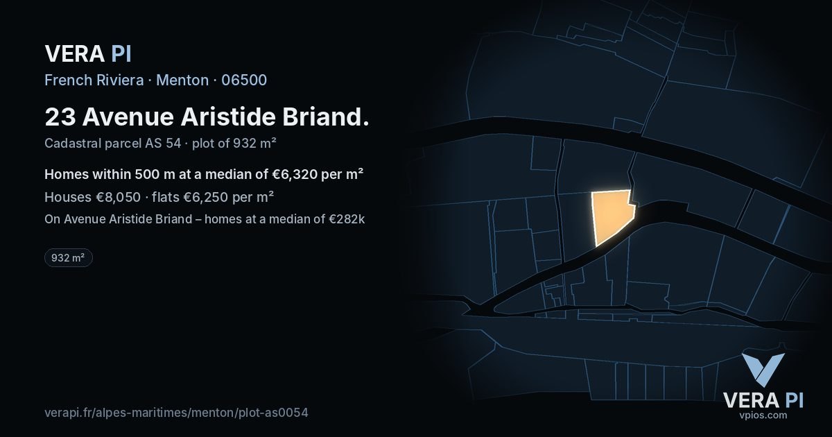 23 Avenue Aristide Briand, Menton at night – the plot lit, the parcels around coloured by the prices near them