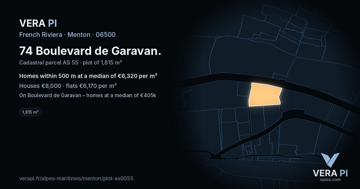 74 Boulevard de Garavan, Menton at night – the plot lit, the parcels around coloured by the prices near them