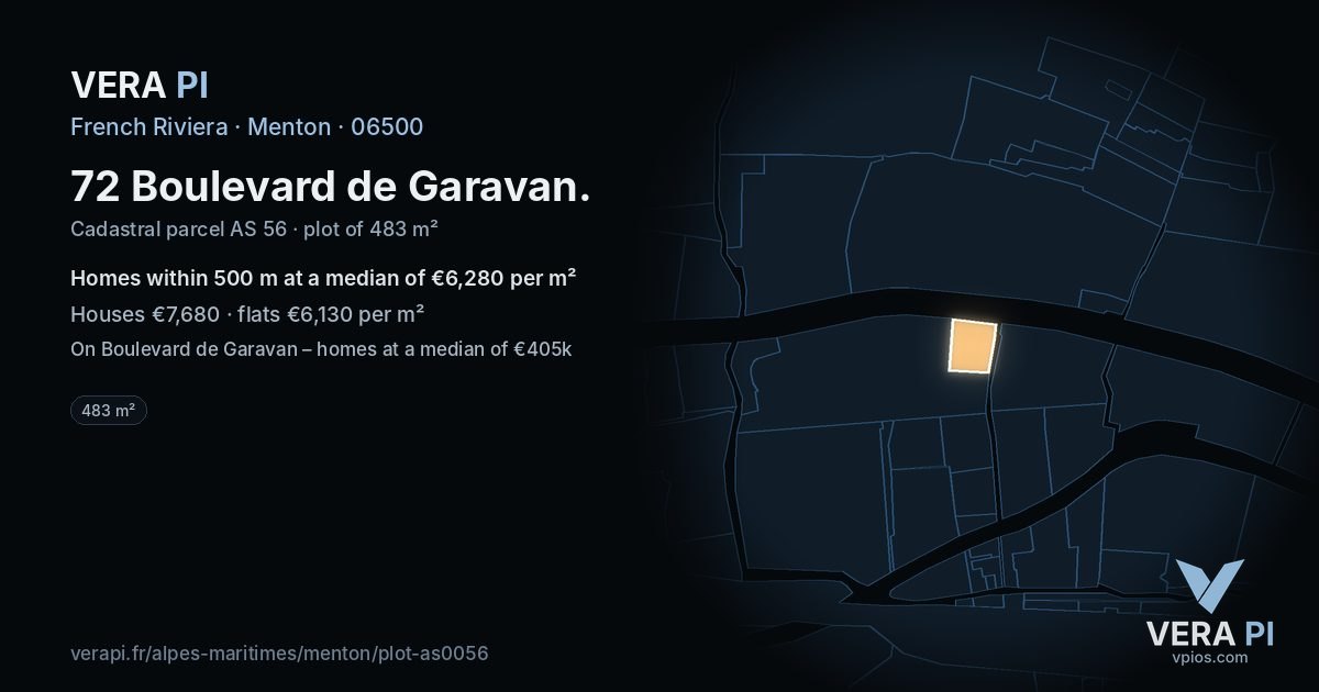 72 Boulevard de Garavan, Menton at night – the plot lit, the parcels around coloured by the prices near them