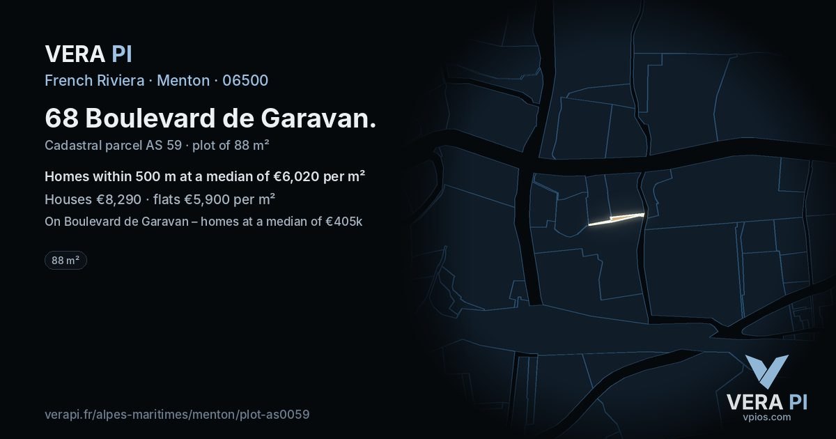 68 Boulevard de Garavan, Menton at night – the plot lit, the parcels around coloured by the prices near them