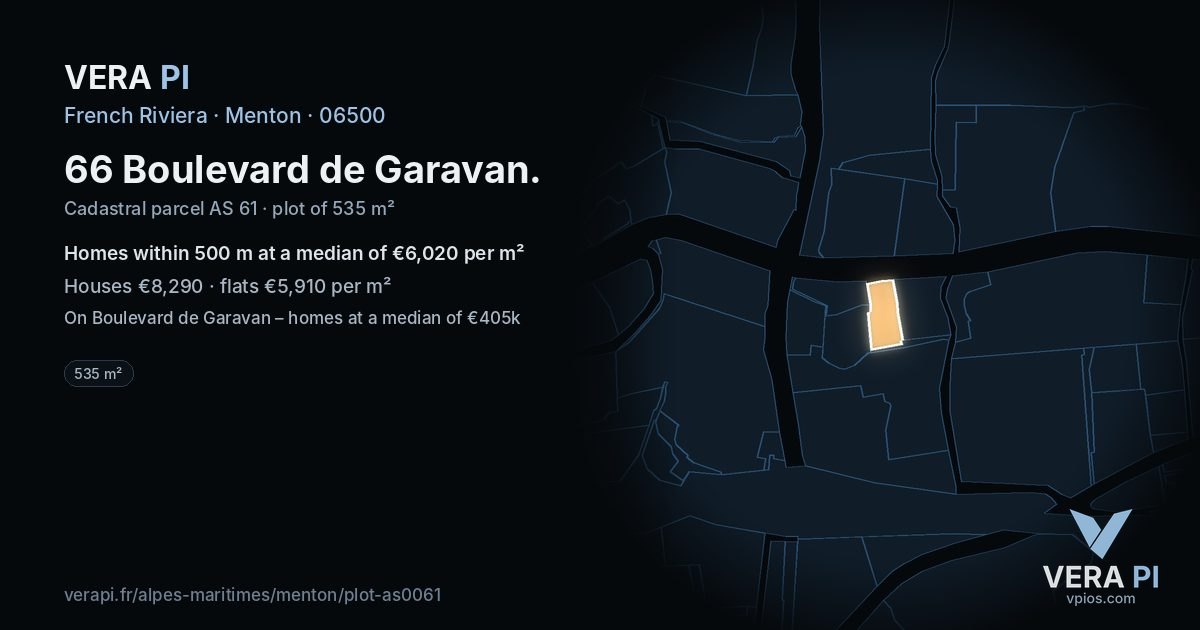 66 Boulevard de Garavan, Menton at night – the plot lit, the parcels around coloured by the prices near them