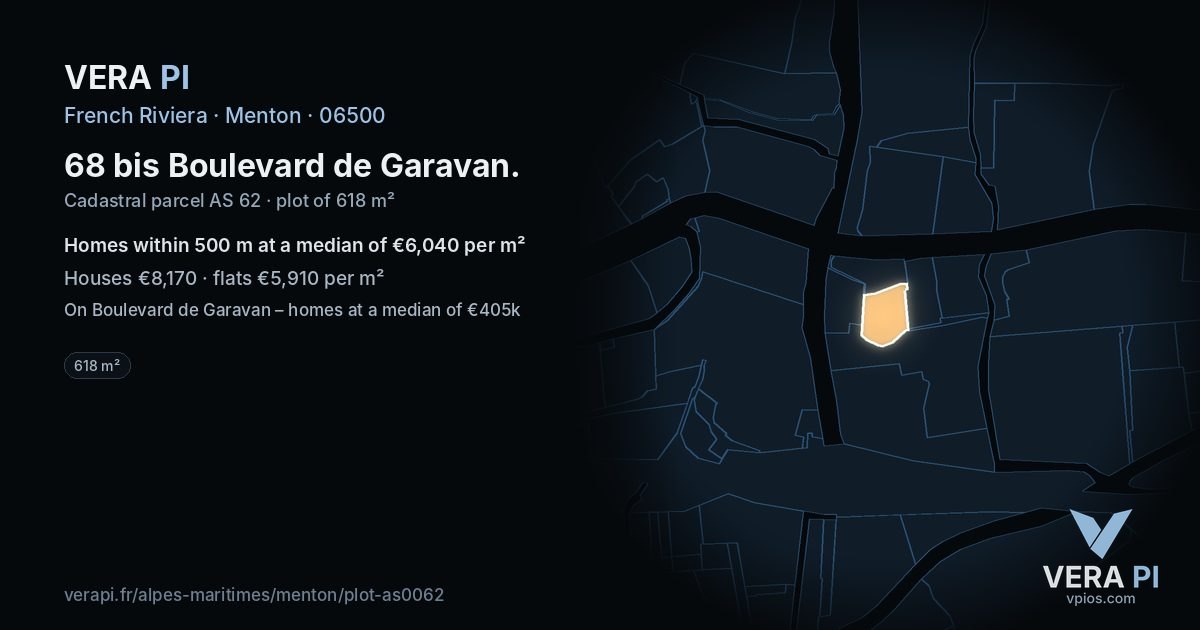 68 bis Boulevard de Garavan, Menton at night – the plot lit, the parcels around coloured by the prices near them