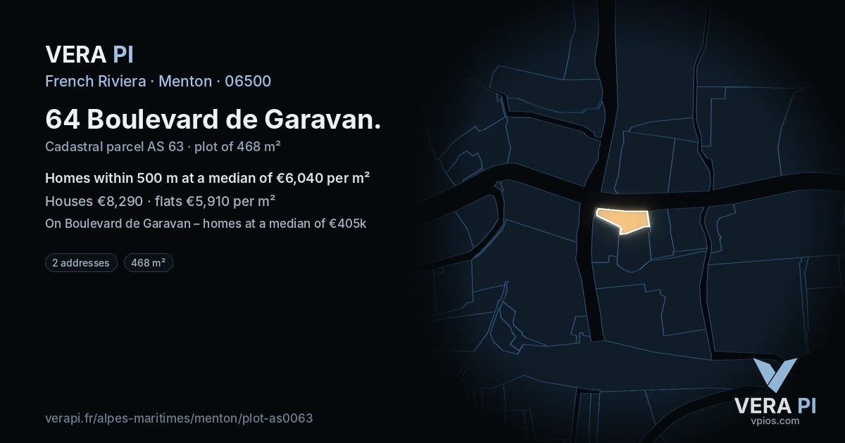 64 Boulevard de Garavan, Menton at night – the plot lit, the parcels around coloured by the prices near them