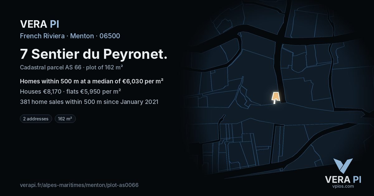 7 Sentier du Peyronet, Menton at night – the plot lit, the parcels around coloured by the prices near them