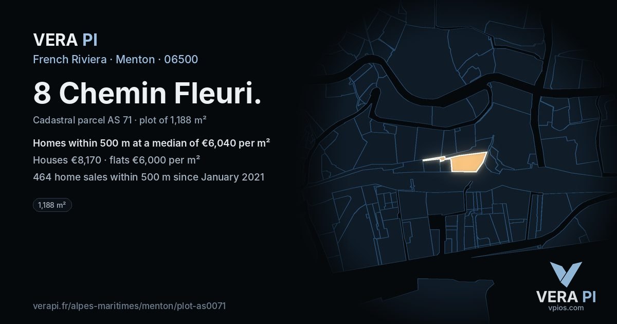 8 Chemin Fleuri, Menton at night – the plot lit, the parcels around coloured by the prices near them