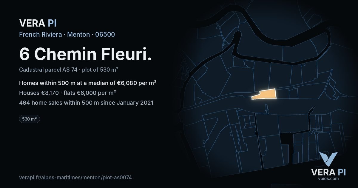 6 Chemin Fleuri, Menton at night – the plot lit, the parcels around coloured by the prices near them