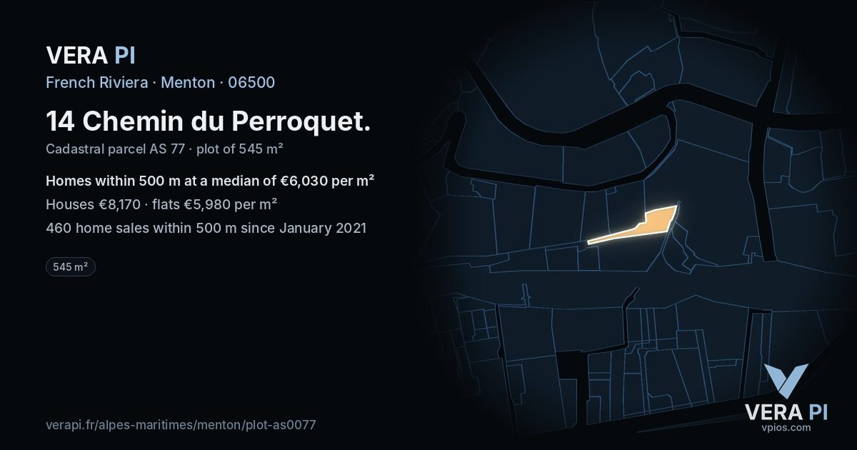 14 Chemin du Perroquet, Menton at night – the plot lit, the parcels around coloured by the prices near them