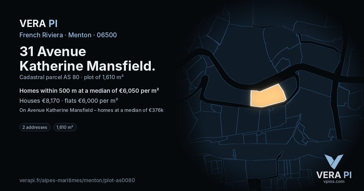 31 Avenue Katherine Mansfield, Menton at night – the plot lit, the parcels around coloured by the prices near them