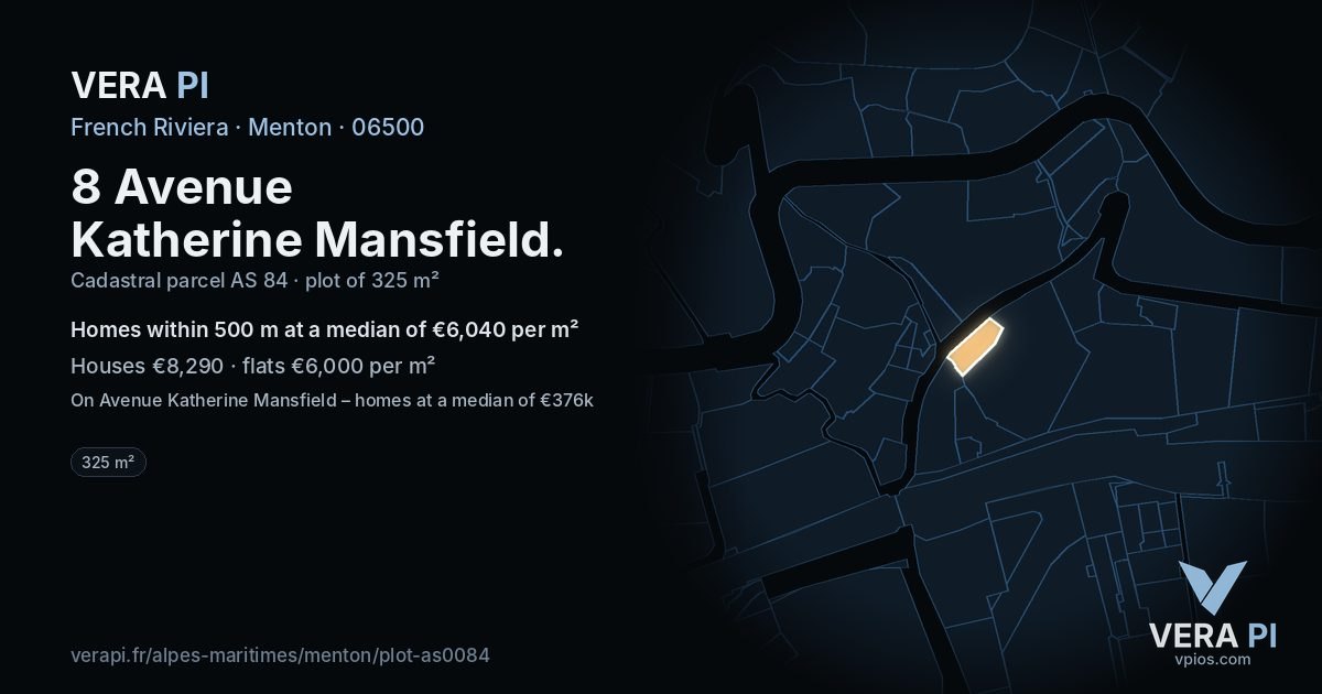 8 Avenue Katherine Mansfield, Menton at night – the plot lit, the parcels around coloured by the prices near them