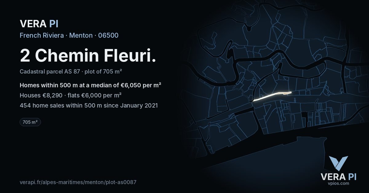 2 Chemin Fleuri, Menton at night – the plot lit, the parcels around coloured by the prices near them