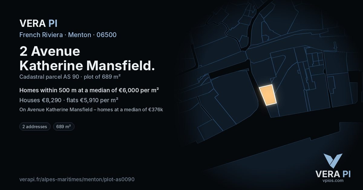 2 Avenue Katherine Mansfield, Menton at night – the plot lit, the parcels around coloured by the prices near them