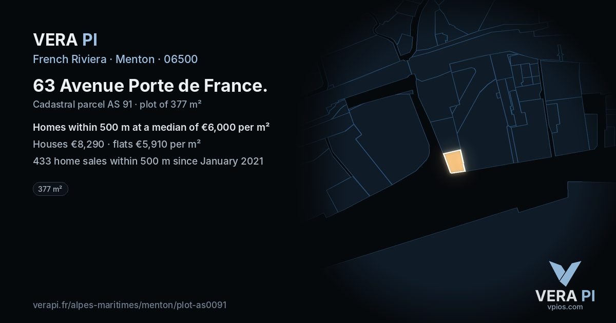 63 Avenue Porte de France, Menton at night – the plot lit, the parcels around coloured by the prices near them