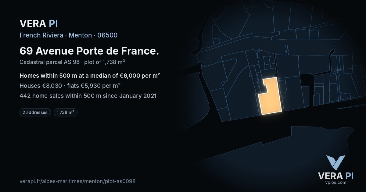 69 Avenue Porte de France, Menton at night – the plot lit, the parcels around coloured by the prices near them