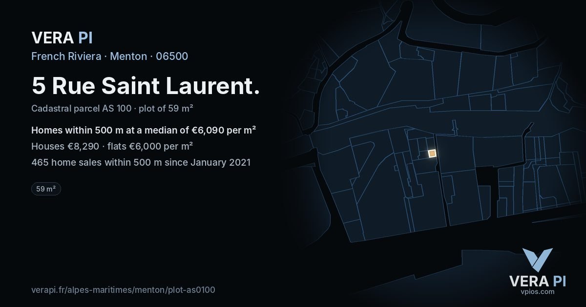5 Rue Saint Laurent, Menton at night – the plot lit, the parcels around coloured by the prices near them