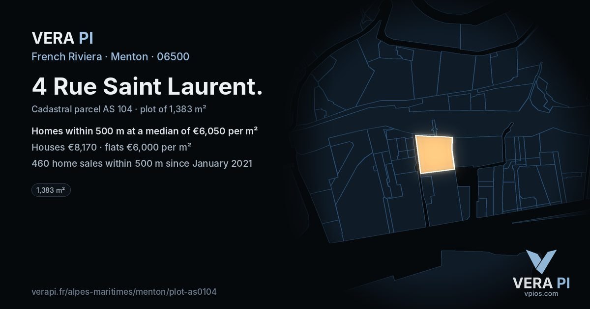 4 Rue Saint Laurent, Menton at night – the plot lit, the parcels around coloured by the prices near them