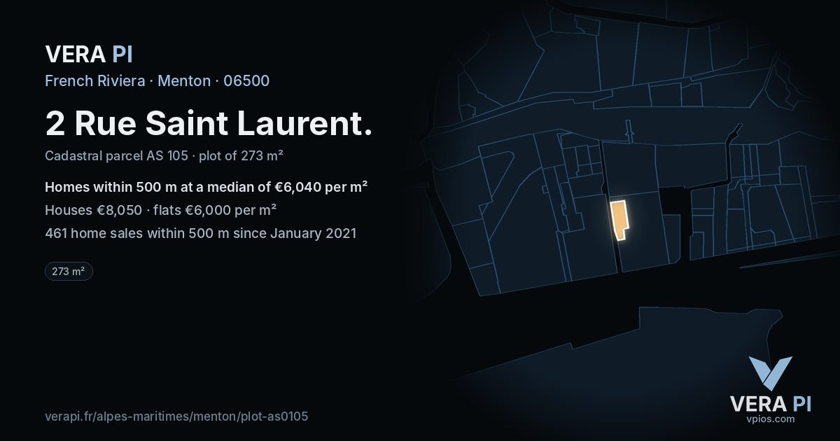 2 Rue Saint Laurent, Menton at night – the plot lit, the parcels around coloured by the prices near them