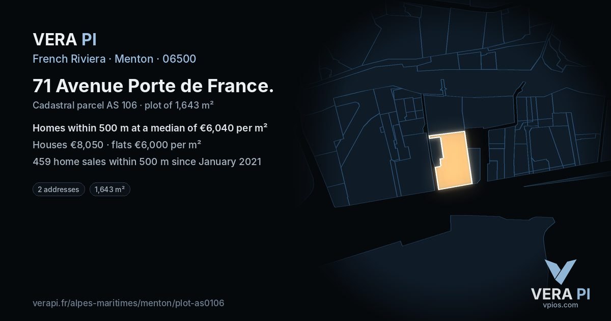 71 Avenue Porte de France, Menton at night – the plot lit, the parcels around coloured by the prices near them