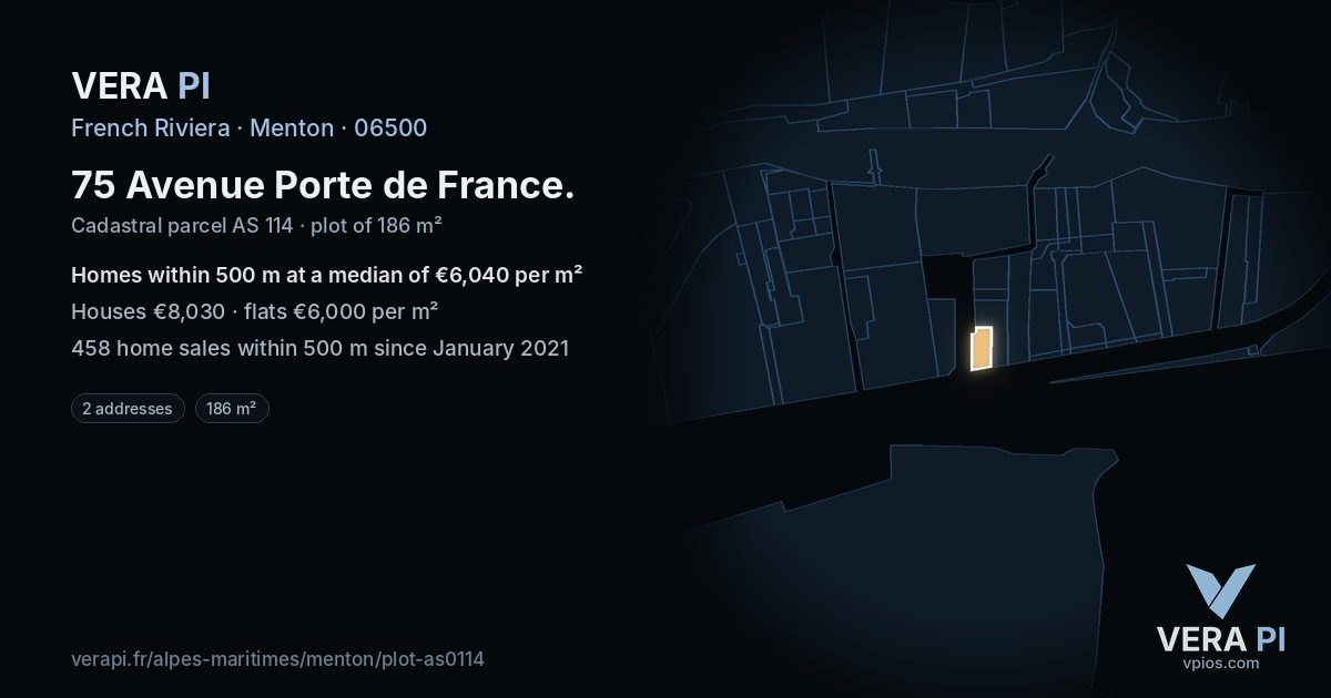 75 Avenue Porte de France, Menton at night – the plot lit, the parcels around coloured by the prices near them