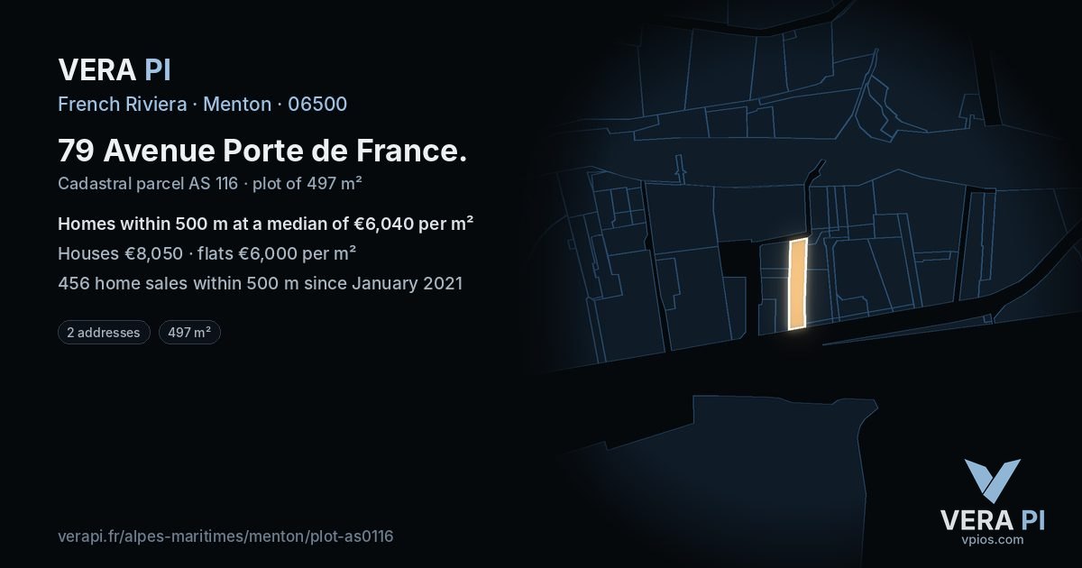 79 Avenue Porte de France, Menton at night – the plot lit, the parcels around coloured by the prices near them