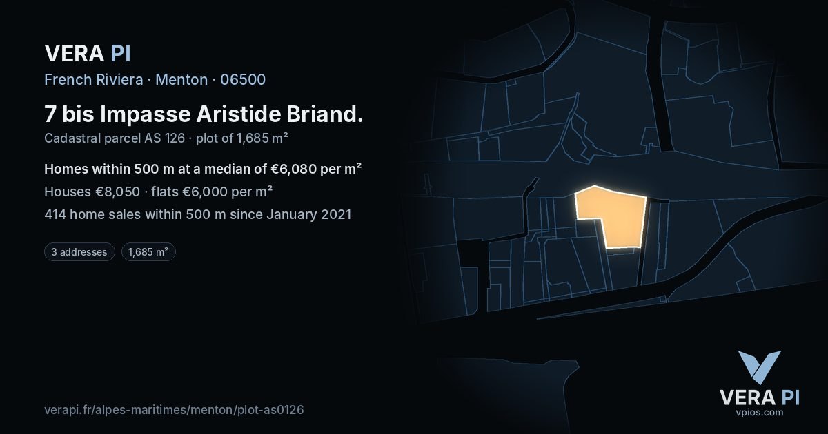 7 bis Impasse Aristide Briand, Menton at night – the plot lit, the parcels around coloured by the prices near them